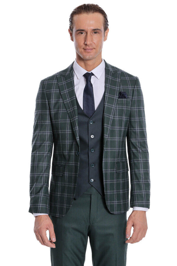 WSS Checked Patterned Slim Fit Green Men Suit  - Ocoyoacac
