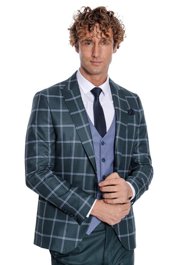 WSS Checked Patterned Slim Fit Green Men Suit  - Carpentersville