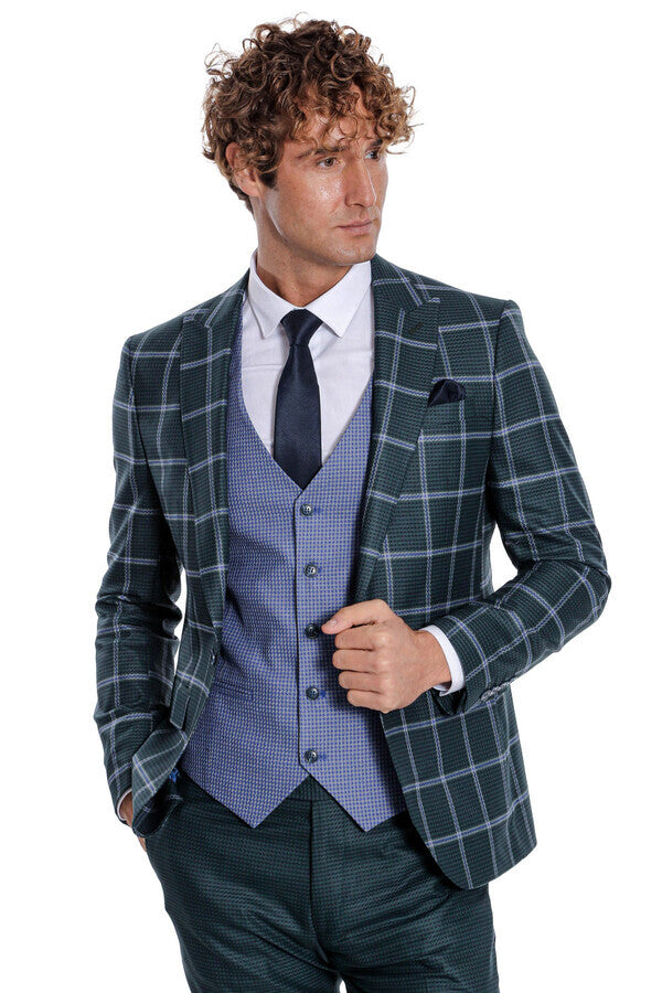 WSS Checked Patterned Slim Fit Green Men Suit  - Carpentersville