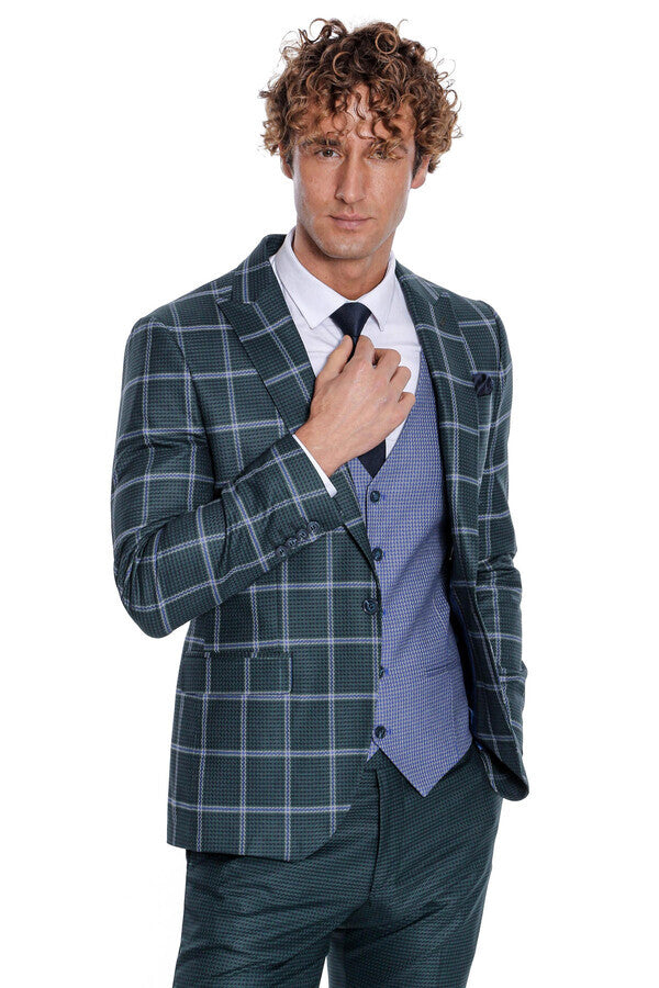 WSS Checked Patterned Slim Fit Green Men Suit  - Carpentersville