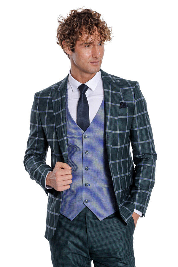WSS Checked Patterned Slim Fit Green Men Suit  - Carpentersville