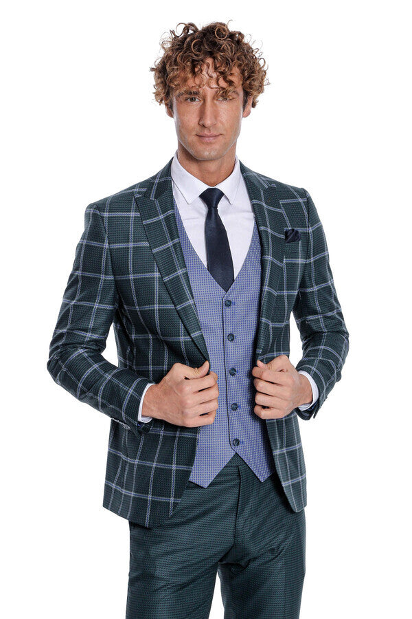WSS Checked Patterned Slim Fit Green Men Suit  - Carpentersville