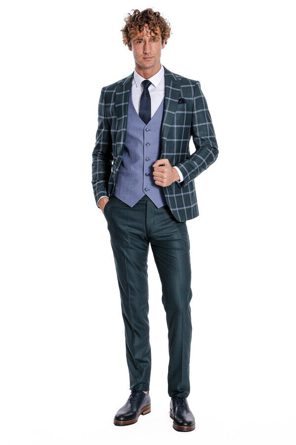 WSS Checked Patterned Slim Fit Green Men Suit  - Carpentersville