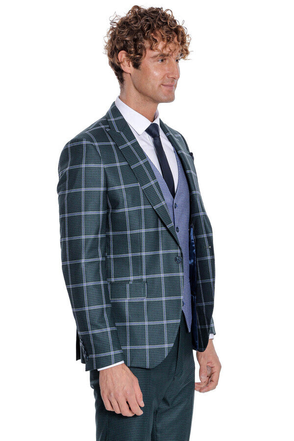 WSS Checked Patterned Slim Fit Green Men Suit  - Carpentersville