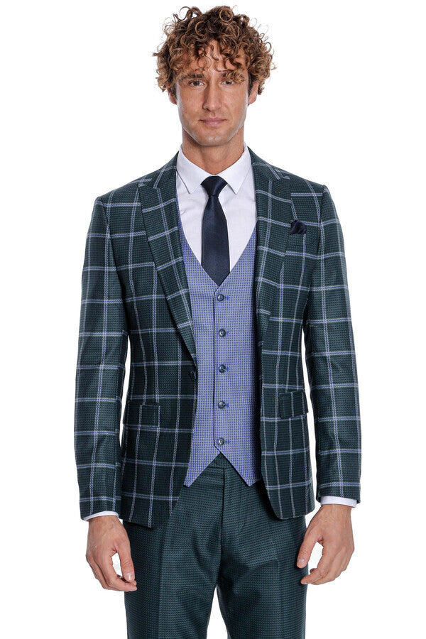WSS Checked Patterned Slim Fit Green Men Suit  - Carpentersville
