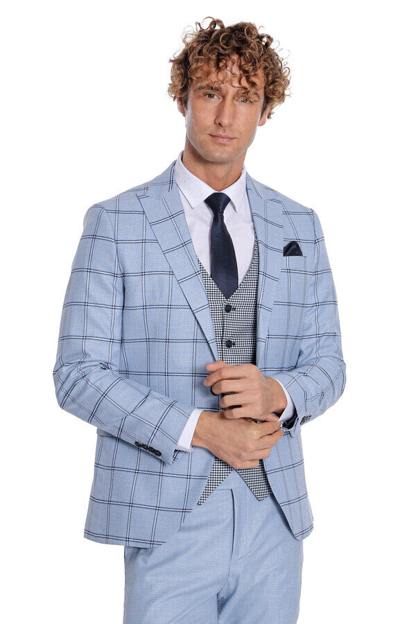 WSS Checked Patterned Slim Fit Light Blue Men Suit  - Steinfurt