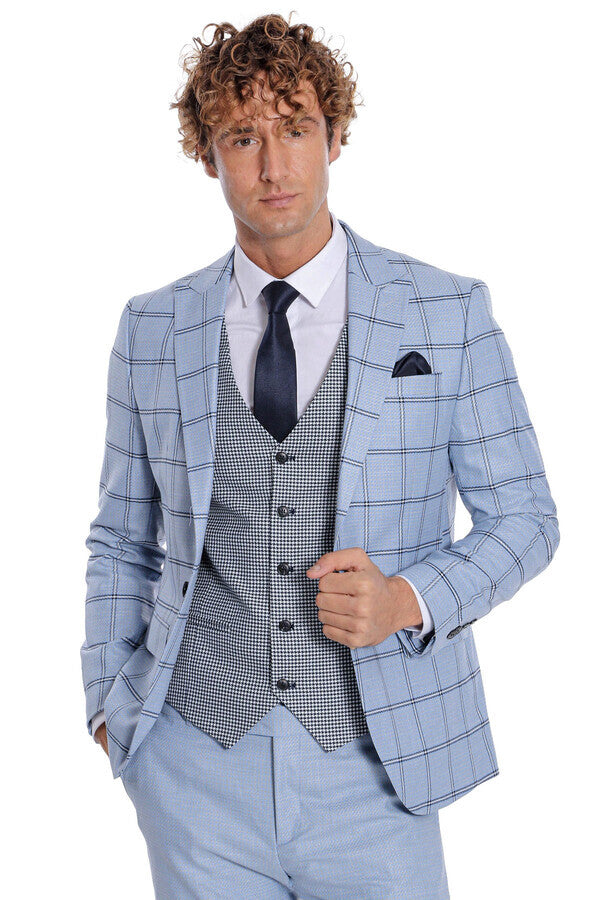 WSS Checked Patterned Slim Fit Light Blue Men Suit  - Steinfurt