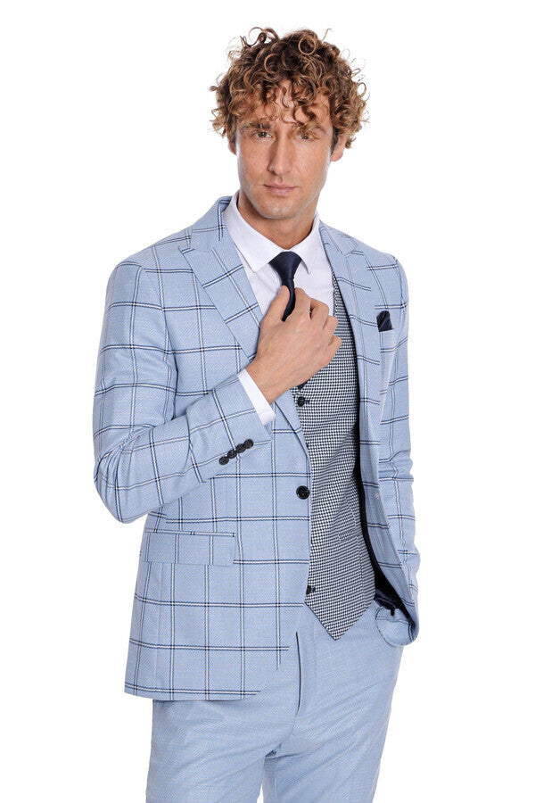 WSS Checked Patterned Slim Fit Light Blue Men Suit  - Steinfurt