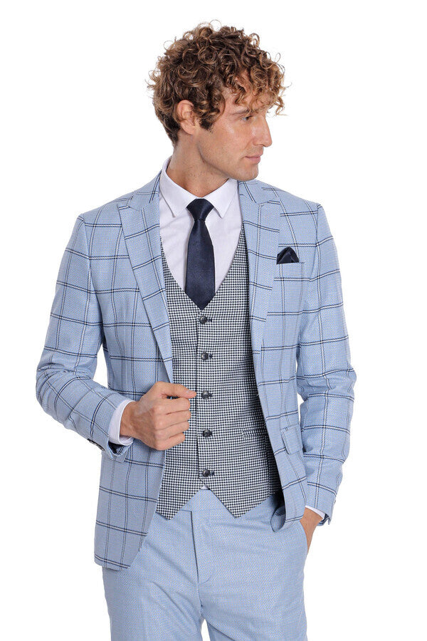 WSS Checked Patterned Slim Fit Light Blue Men Suit  - Steinfurt