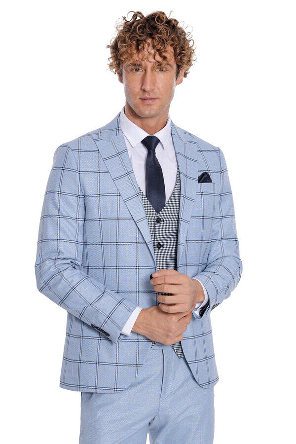 WSS Checked Patterned Slim Fit Light Blue Men Suit  - Steinfurt