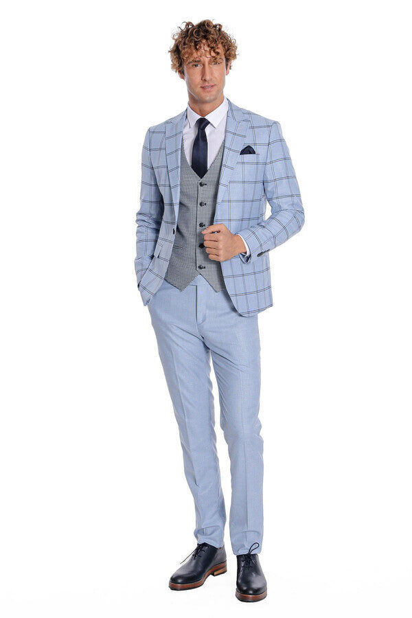 WSS Checked Patterned Slim Fit Light Blue Men Suit  - Steinfurt