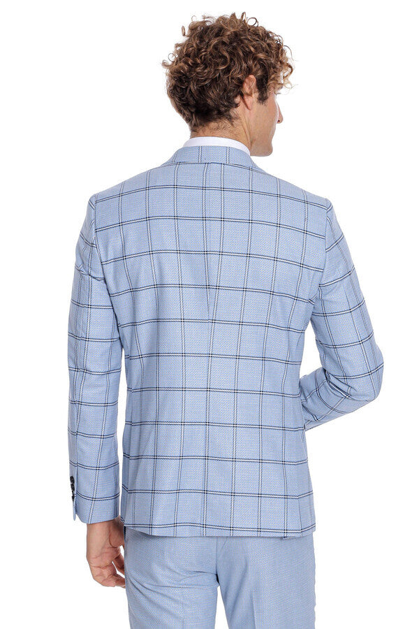 WSS Checked Patterned Slim Fit Light Blue Men Suit  - Steinfurt