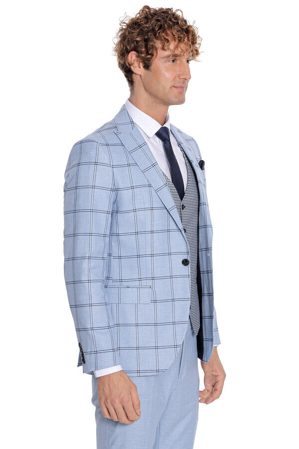 WSS Checked Patterned Slim Fit Light Blue Men Suit  - Steinfurt