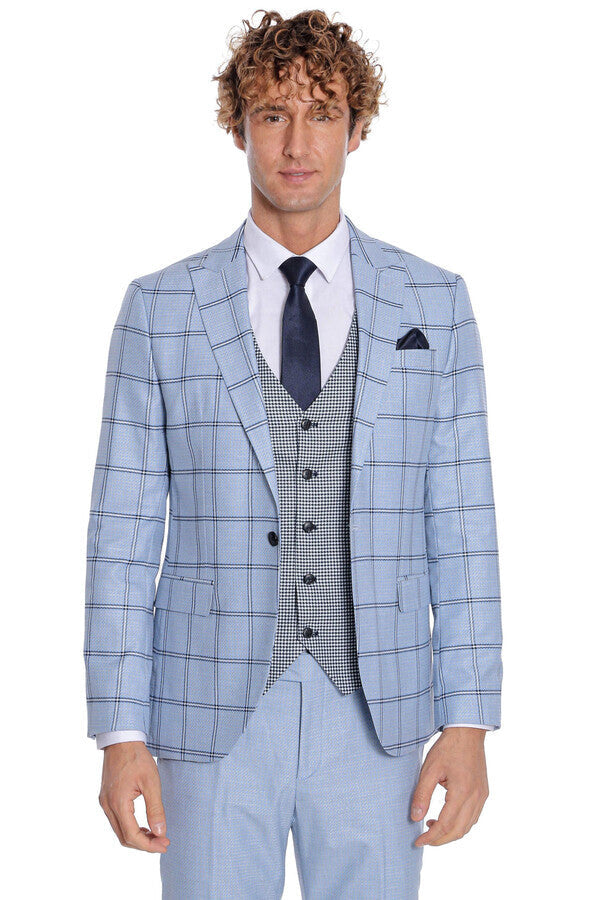 WSS Checked Patterned Slim Fit Light Blue Men Suit  - Steinfurt