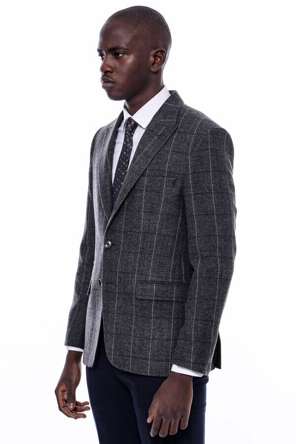 WSS Checked Peak Lapel Slim-Fit Dark Grey Men Blazer  - Dale City