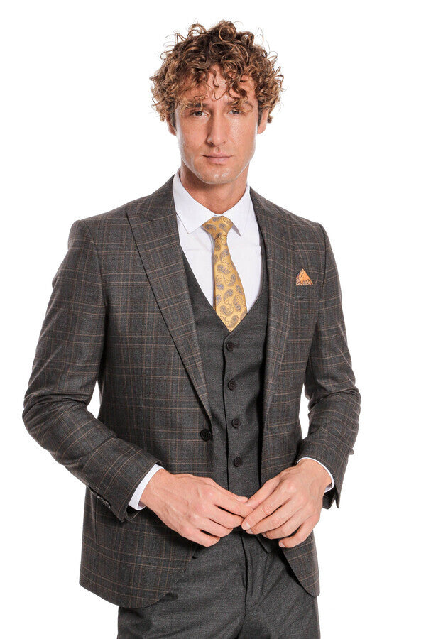WSS Checked Slim Fit Anthracite Men Suit  - Zhytomyr