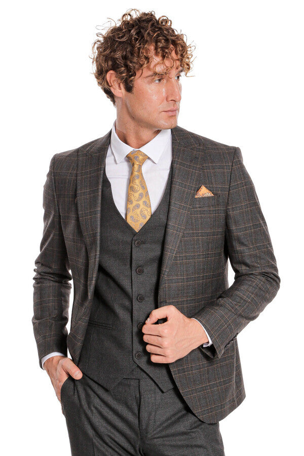 WSS Checked Slim Fit Anthracite Men Suit  - Zhytomyr