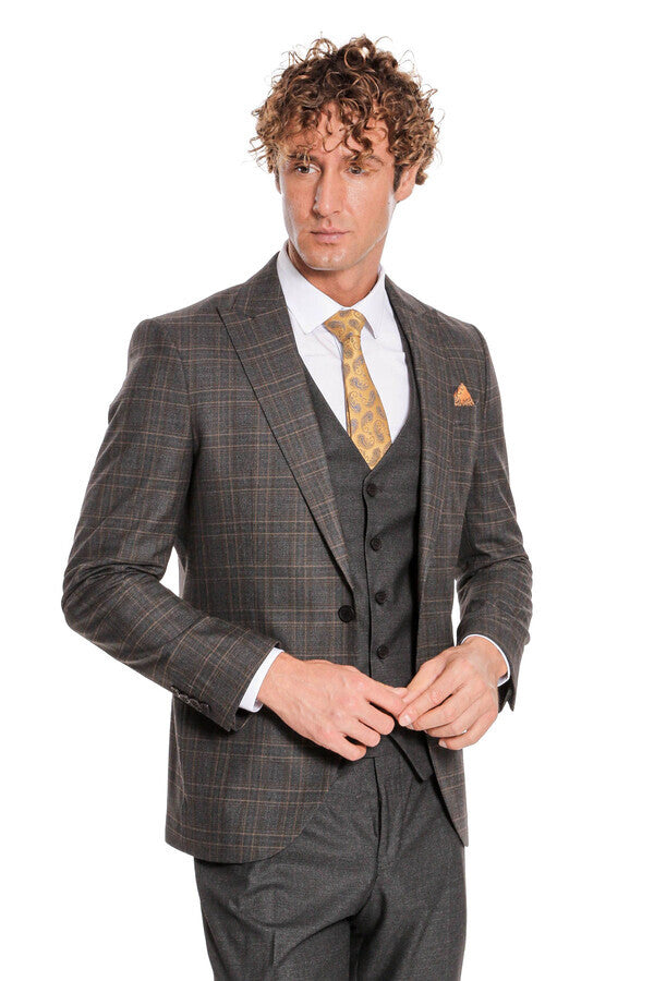 WSS Checked Slim Fit Anthracite Men Suit  - Zhytomyr