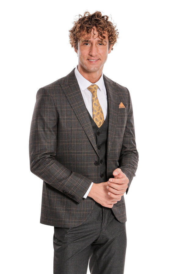 WSS Checked Slim Fit Anthracite Men Suit  - Zhytomyr