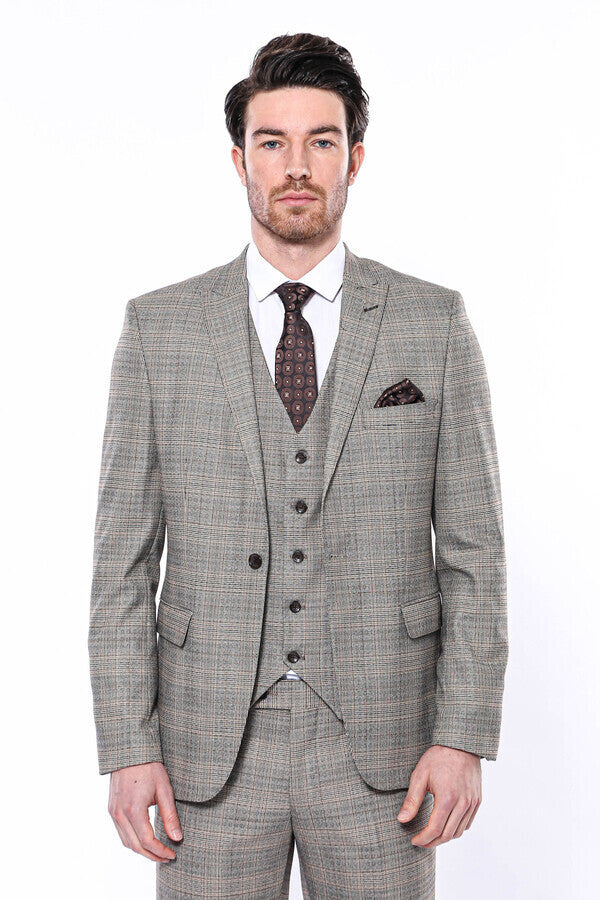 WSS Checked Slim-Fit Cream Men Blazer  - Tríkala
