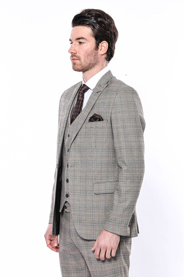 WSS Checked Slim-Fit Cream Men Blazer  - Tríkala