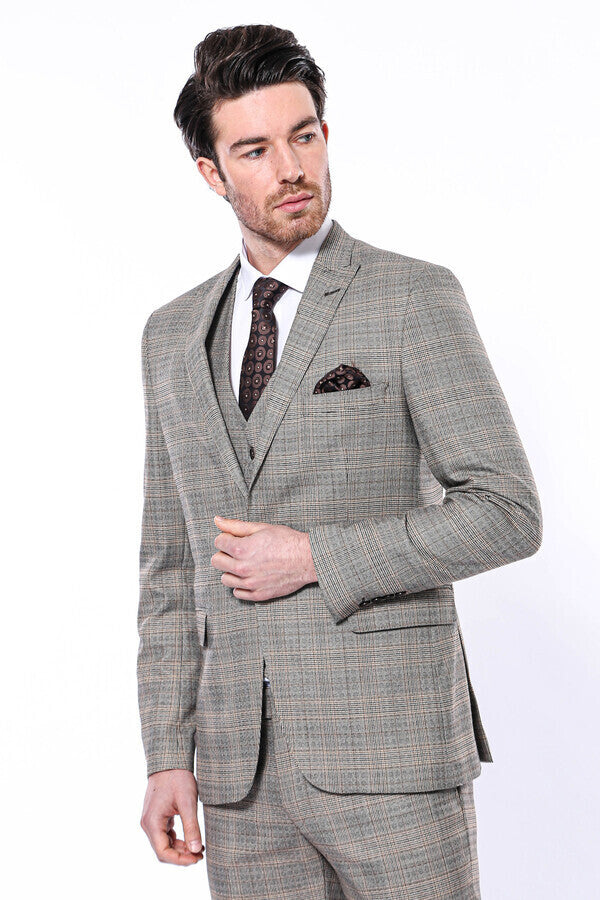 WSS Checked Slim-Fit Cream Men Blazer  - Tríkala