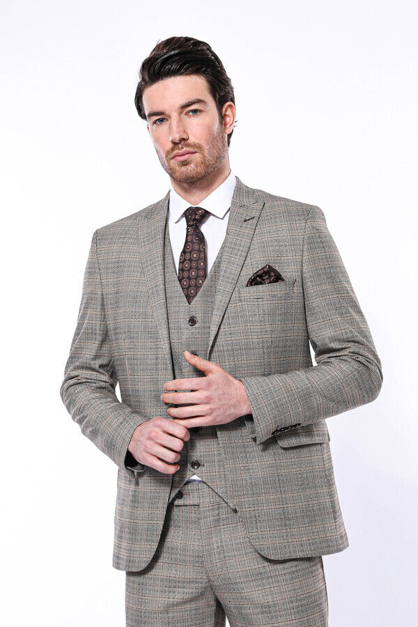 WSS Checked Slim-Fit Cream Men Blazer  - Tríkala