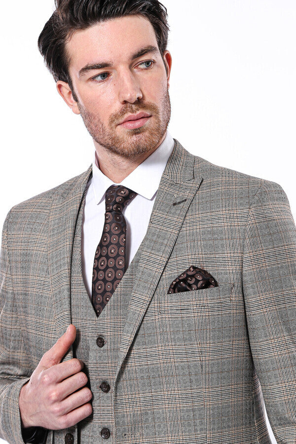 WSS Checked Slim-Fit Cream Men Blazer  - Tríkala