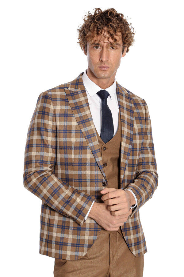 WSS Checked Slim Fit Brown Men Suit   - Mansfield