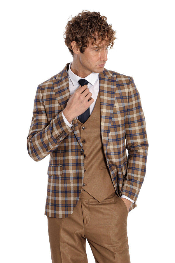 WSS Checked Slim Fit Brown Men Suit   - Mansfield