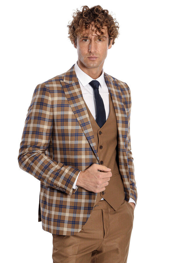 WSS Checked Slim Fit Brown Men Suit   - Mansfield