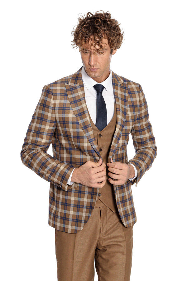 WSS Checked Slim Fit Brown Men Suit   - Mansfield