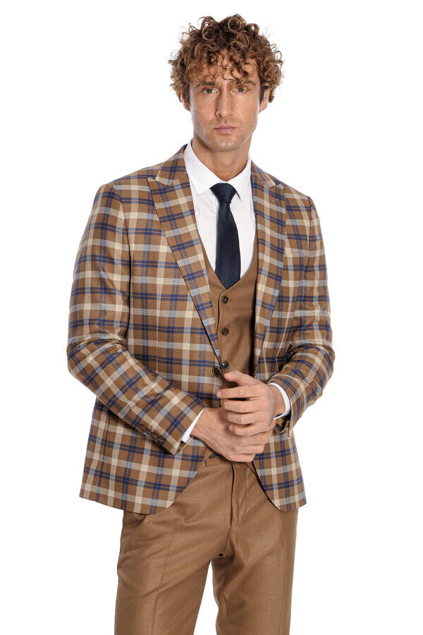 WSS Checked Slim Fit Brown Men Suit   - Mansfield