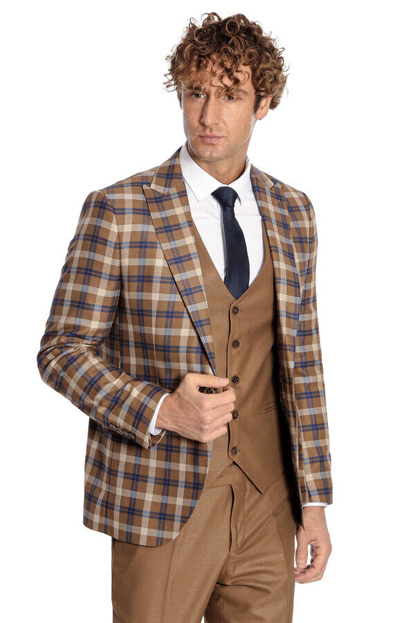 WSS Checked Slim Fit Brown Men Suit   - Mansfield
