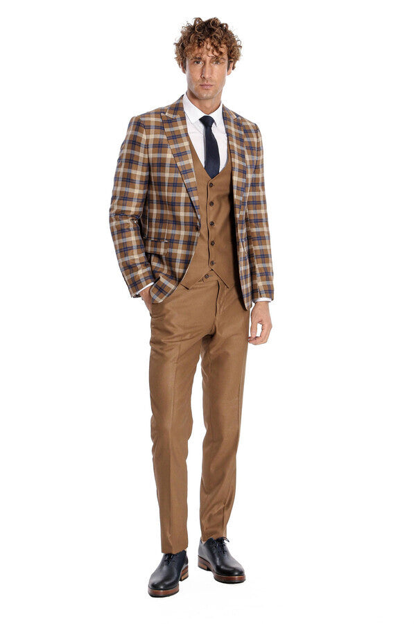 WSS Checked Slim Fit Brown Men Suit   - Mansfield