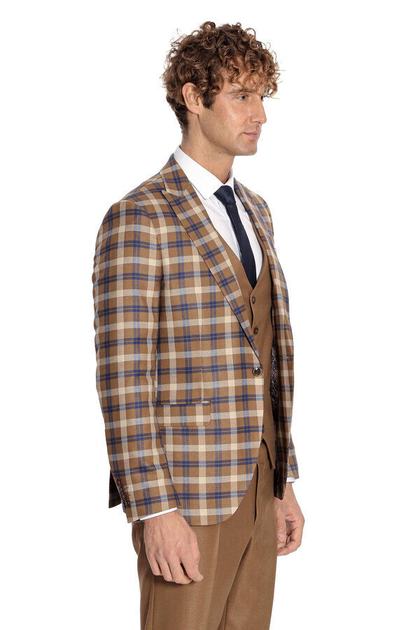 WSS Checked Slim Fit Brown Men Suit   - Mansfield