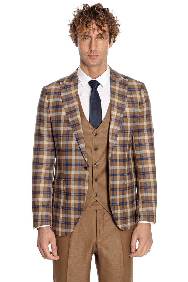 WSS Checked Slim Fit Brown Men Suit   - Mansfield