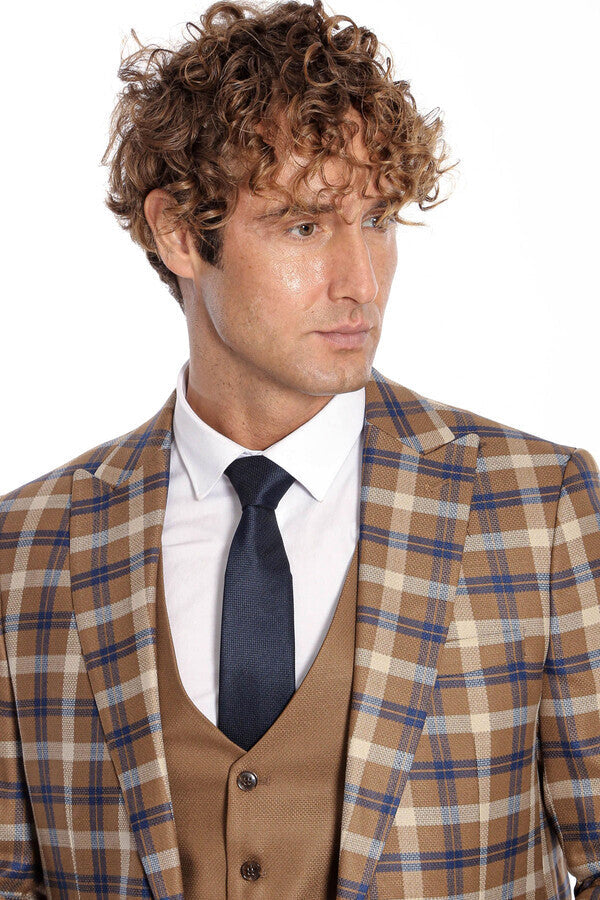 WSS Checked Slim Fit Brown Men Suit   - Mansfield