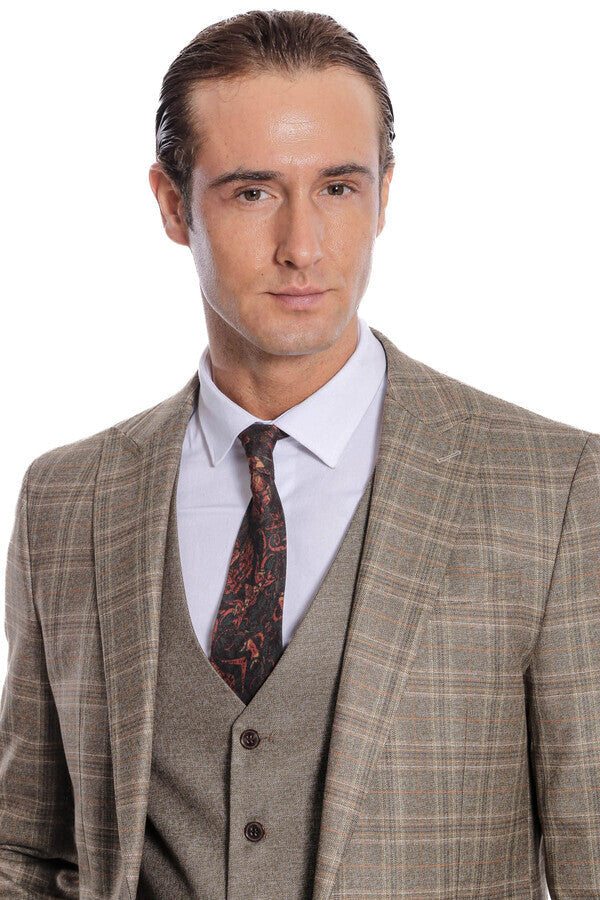 WSS Checked Slim Fit Brown Men Suit  - Burriana