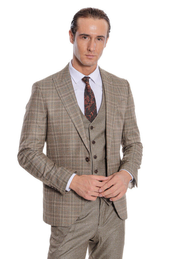 WSS Checked Slim Fit Brown Men Suit  - Burriana