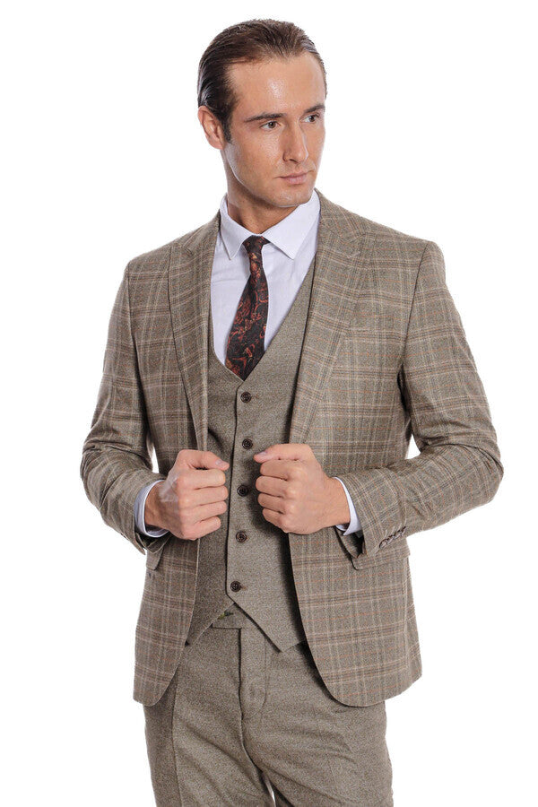 WSS Checked Slim Fit Brown Men Suit  - Burriana