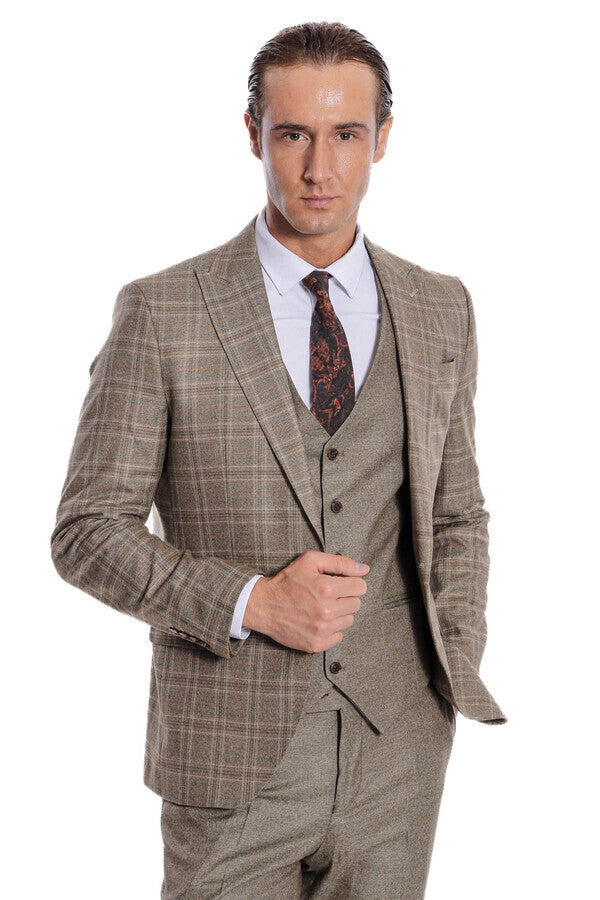 WSS Checked Slim Fit Brown Men Suit  - Burriana