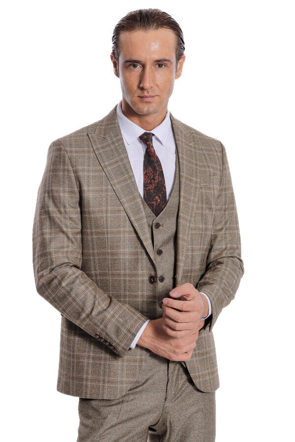 WSS Checked Slim Fit Brown Men Suit  - Burriana