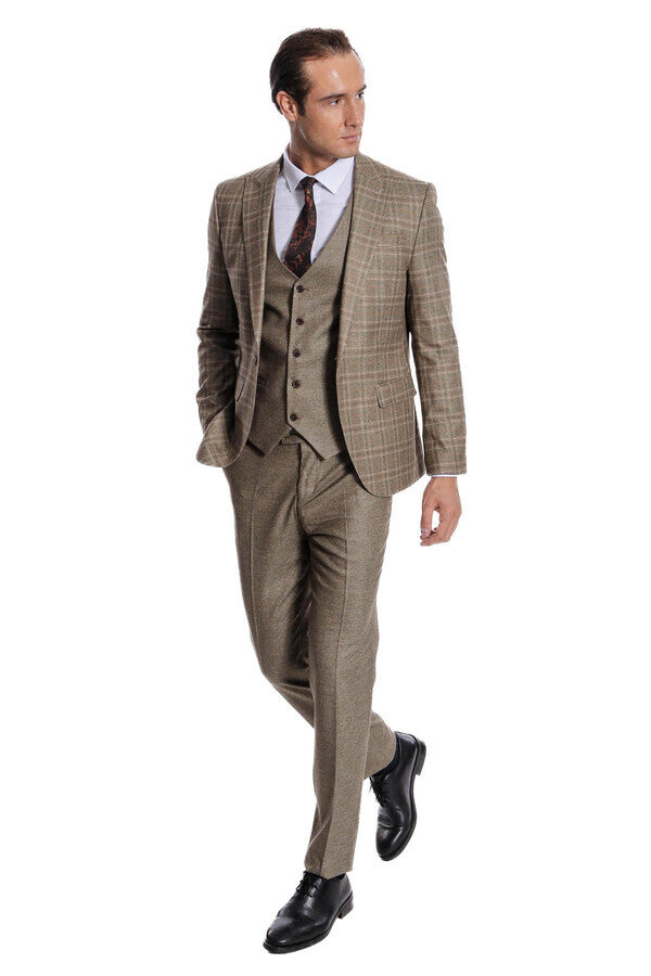 WSS Checked Slim Fit Brown Men Suit  - Burriana