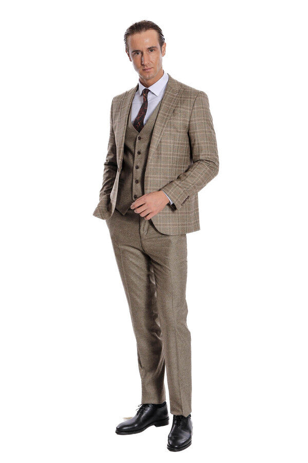 WSS Checked Slim Fit Brown Men Suit  - Burriana