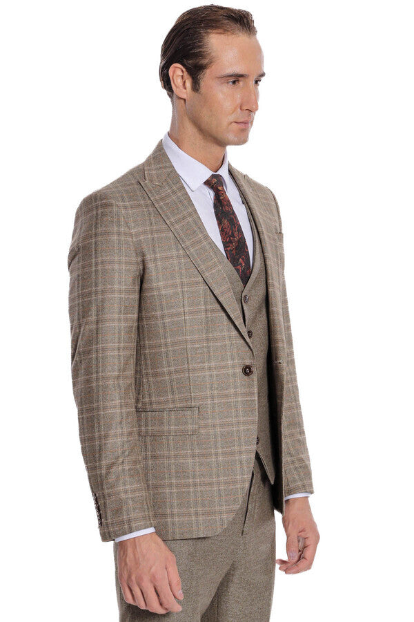 WSS Checked Slim Fit Brown Men Suit  - Burriana