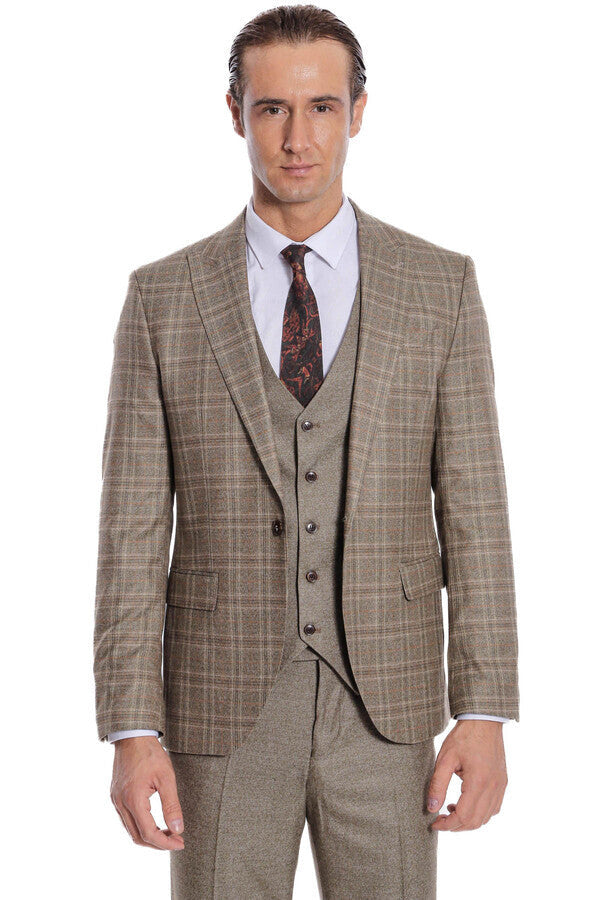 WSS Checked Slim Fit Brown Men Suit  - Burriana