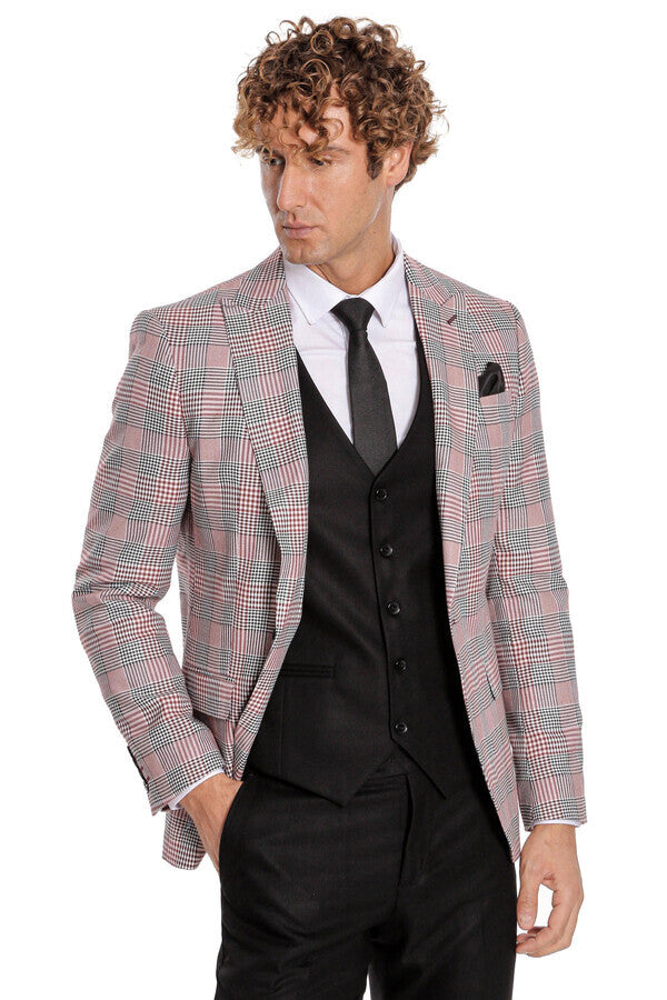 WSS Checked Slim Fit Burgundy Men Suit  - Clovis