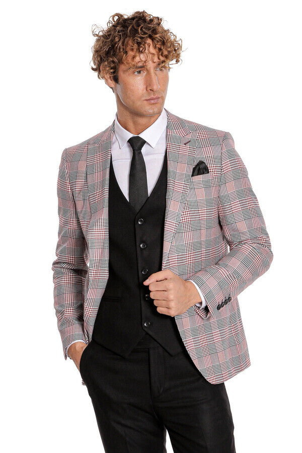 WSS Checked Slim Fit Burgundy Men Suit  - Clovis