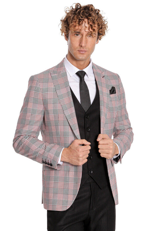 WSS Checked Slim Fit Burgundy Men Suit  - Clovis